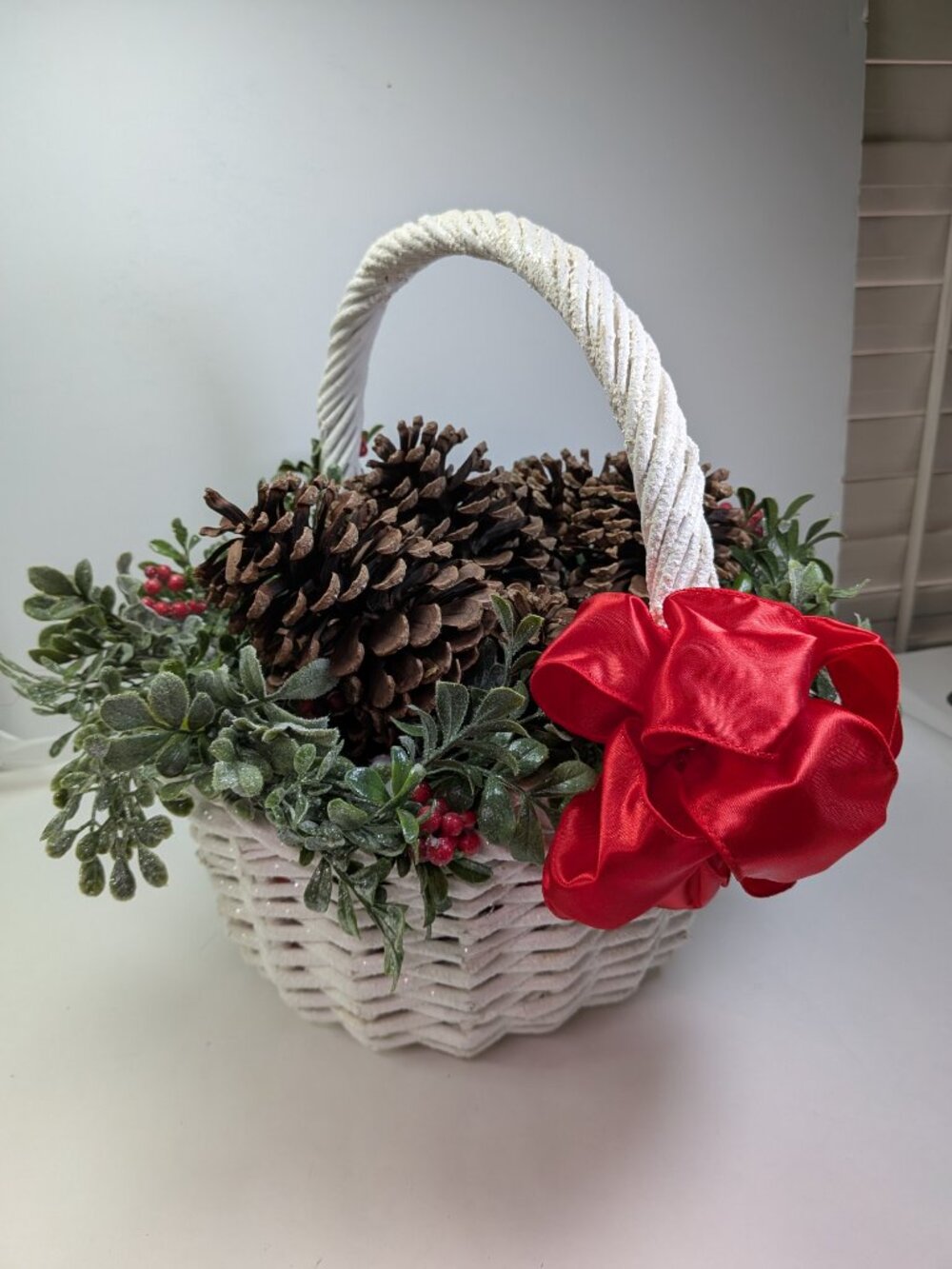 Festive Holiday Basket Bundle:Snowy White Wicker,Holly Greenery, Pinecones, Bow